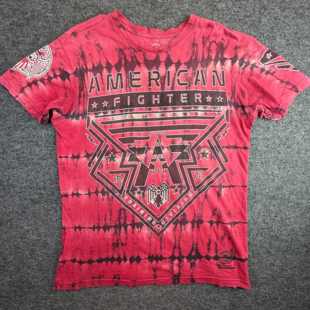American Fighter T-Shirt Men L Red Tie Dye Training Division Buckle Graphic READ